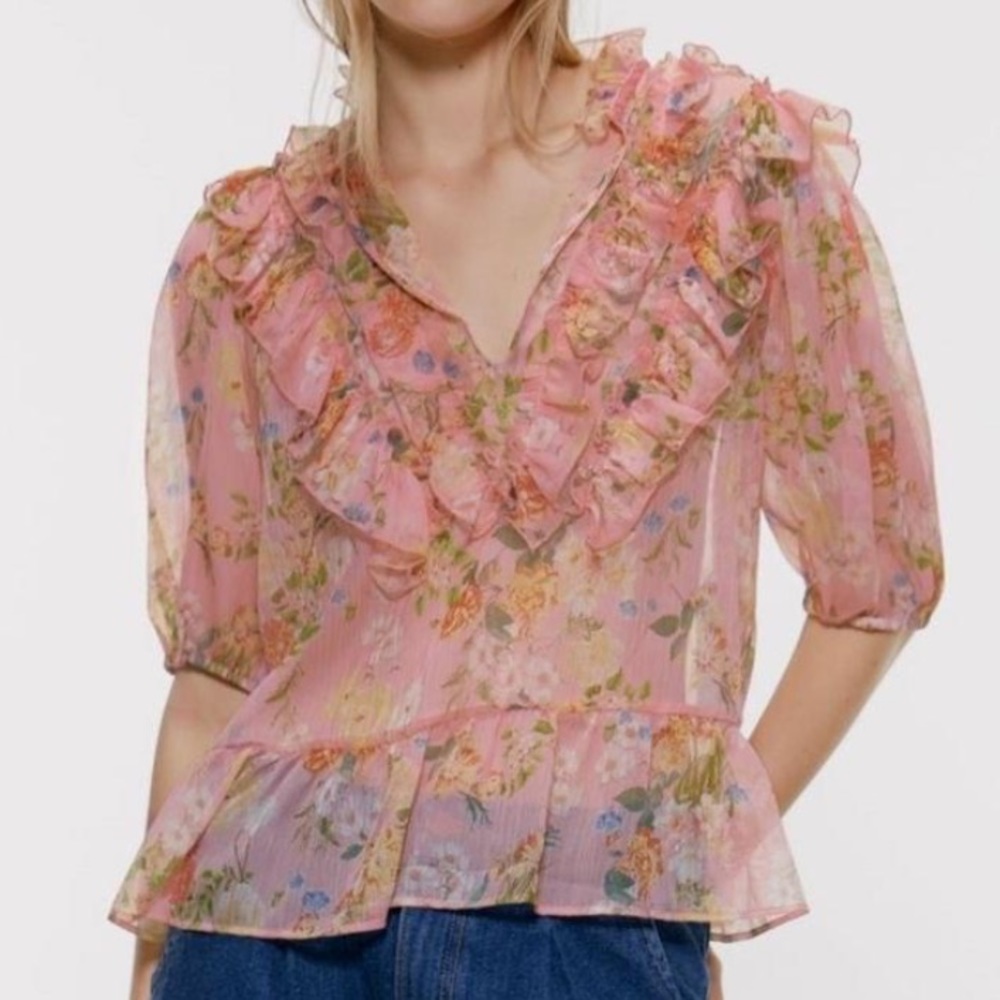 NWOT Zara Sheer Ruffle Vneck Chiffon Floral Blouse Size L
